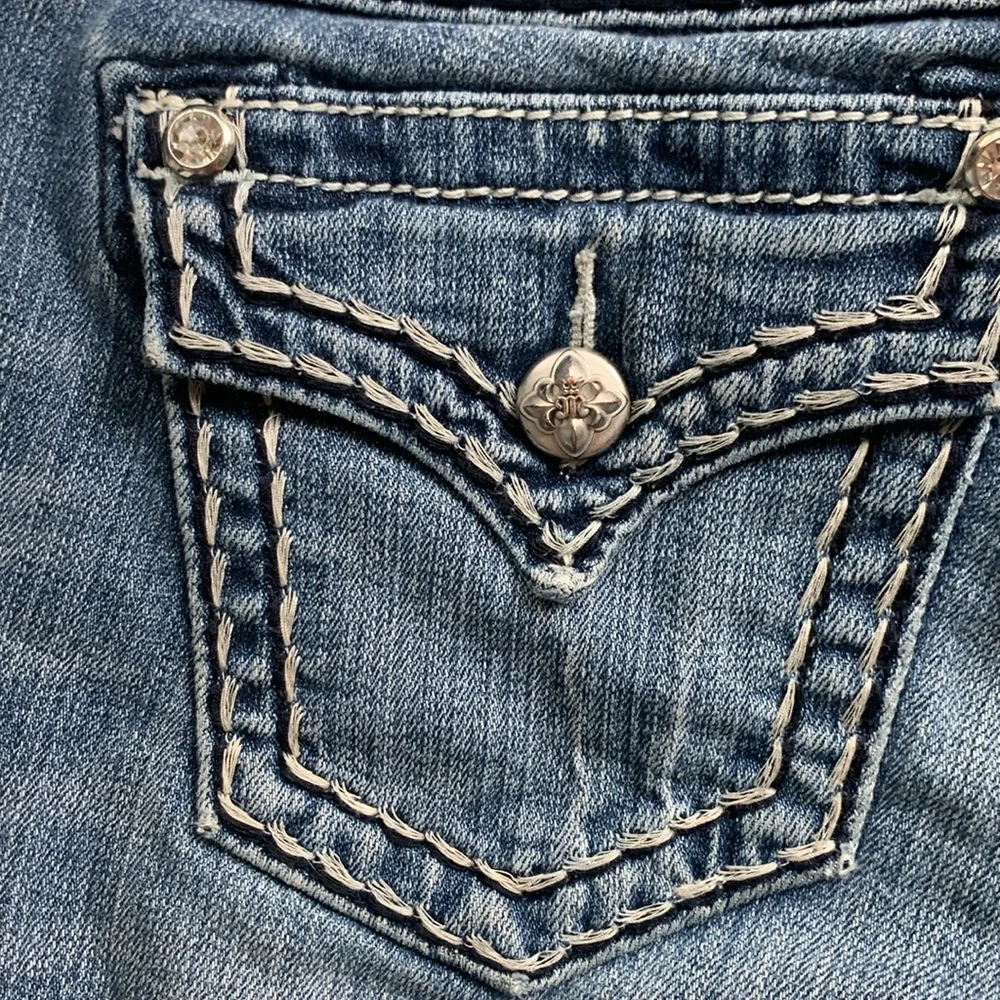 Signature skinny Miss Me med blue color jeans size 27 thick stitch low rise Y2K - Picture 11 of 12